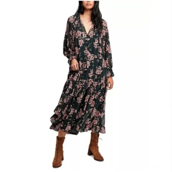 Free People Feeling Groovy Maxi Dress Forest Combo Sz. Lg - Picture 1 of 7